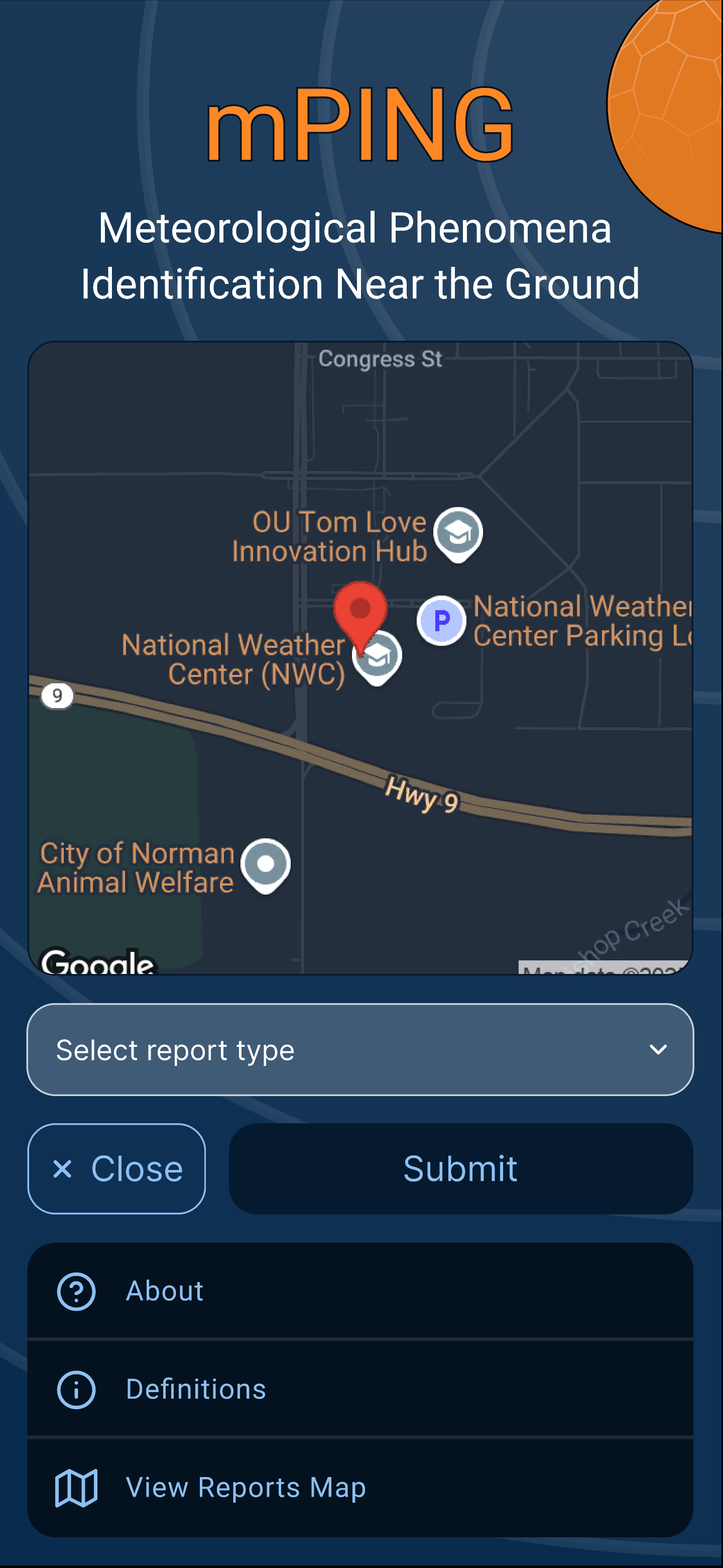 mPING Main Page with the menu open - After