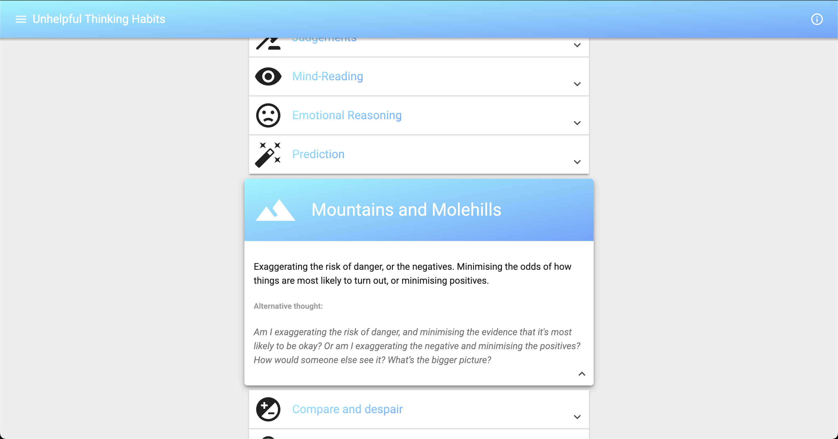 Unhelpful Thinking Habits Home Page with expanded list item